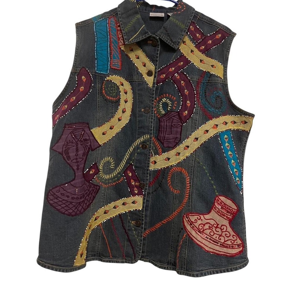 Chico's Denim Vest Embroidered Tribal Abstract Women's Size 2